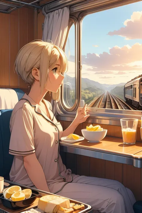 (masterpiece, best quality), 1girl, Lemon Caesar Cut with High Fade, Size F breasts,   train roomette, bunk bed, pajamas, looking out the big window, breakfast on table, wooden wall