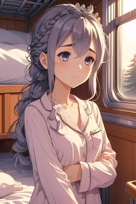 (masterpiece, best quality), 1girl, Size C breasts,Zaffre Fishtail Crown Braid with Gem Pins, train roomette, bunk bed, pajamas, big window, wooden wall, sleeping, white lace pajamas,   scared to sleep alone