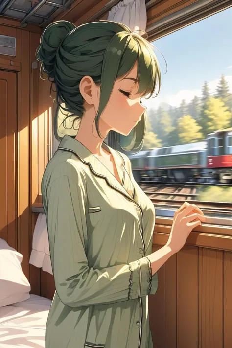 (masterpiece, best quality), 1girl, Size H breasts,Spring green Low Chignon with Braided Wrap, <lora:girlliketrainroomette:1> tr...