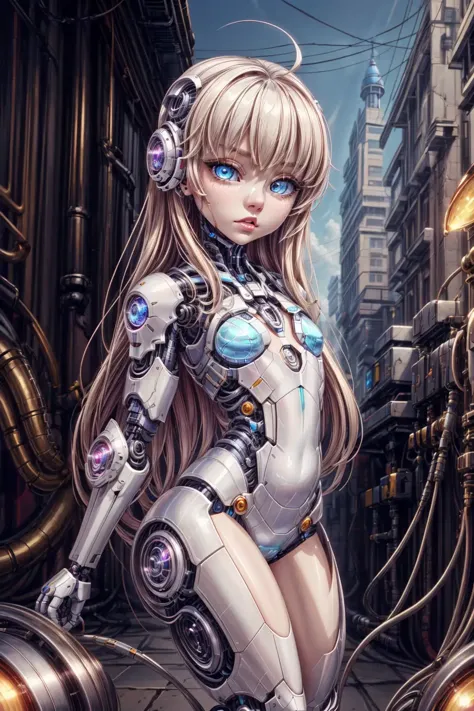 (AS-YoungestV2:1.3), (detailed eyes:1.3), Beautiful Lighting, (1girl:(Thick thighs:0.8), blue  eyes, blonde hair, absurdly long hair, ahoge, eyebrows visible through hair), (real skin), <lora:l - L| :1>,
outdoors, alley, 
 <lora:lorarrf2:2>, lorarrf, breathtaking cinematic scene of complex cyborg, style of daniel merriam,close shot of face,