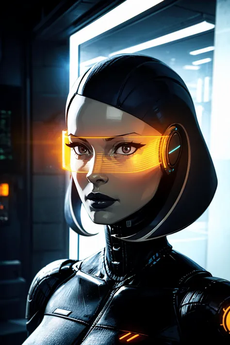 a close up of a woman in a futuristic suit with headphones