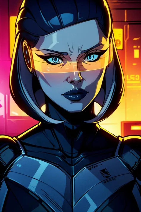 a woman in a futuristic suit with blue eyes and a black jacket