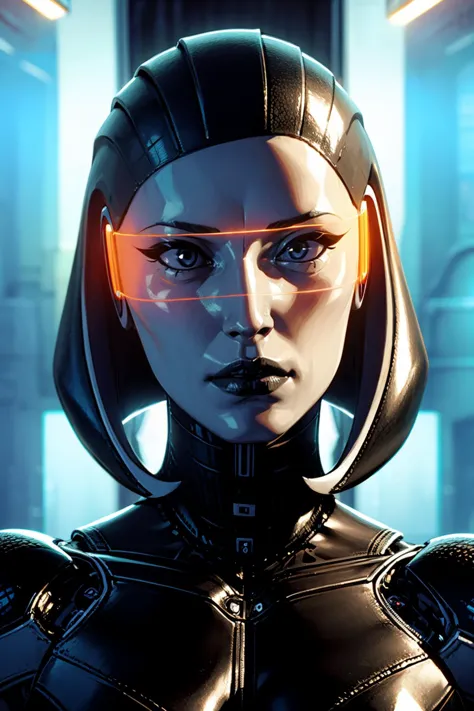 a close up of a woman in a futuristic suit with a futuristic helmet