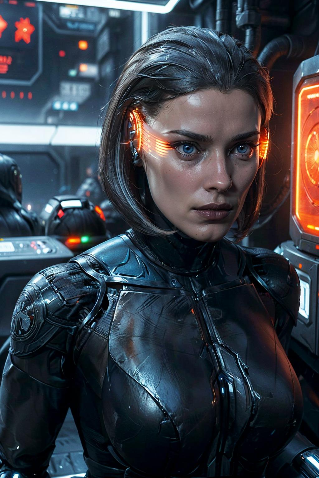 A close up of a woman in a futuristic suit standing in front of a machine -  SeaArt AI