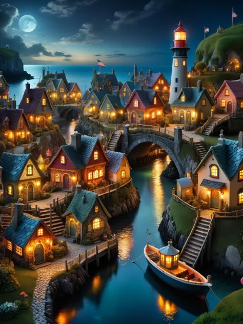 dvrscls , A whimsical scene of a dvrscls fairy village at night, with tiny habor, fishing boats, a lighthouse, houses, bridges, ...