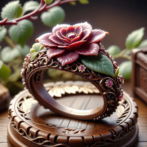 there is a ring with a flower on it sitting on a table