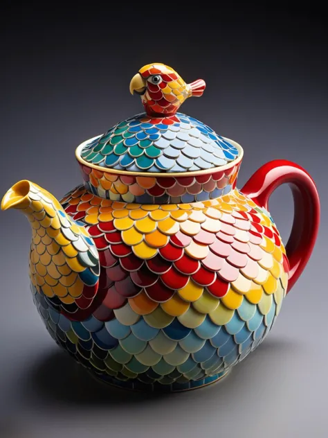Dvrscls, A whimsical teapot that whistles with the chirps of birds, its surface a mosaic of colorful parrot dvrscls scales <lora...