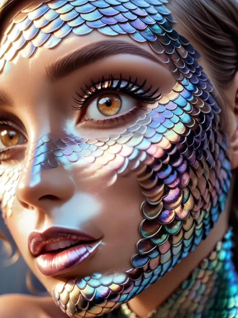 beautiful young woman covered in iridescent scales,face close up,monroe,bob cut,,,Warm Brown lipstick,Gray eyes,<lora:DeverScale...