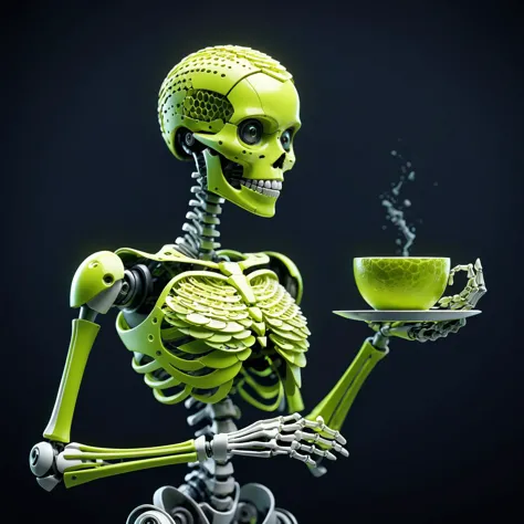 professional 3d model female android mechanical skeleton made of lime slice scales,pitch black dark background,[giant teacup:wom...