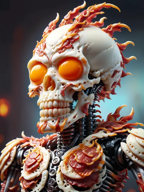 ethereal fantasy concept art of  Gothic style nebula scales mechanical skeleton,fiery skull made of bacon flames,sharp,miniature...