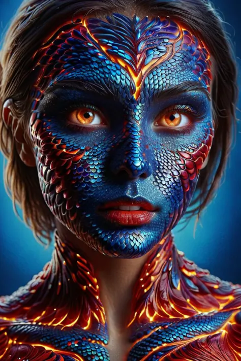 a woman with blue and red body paint and a dragon face