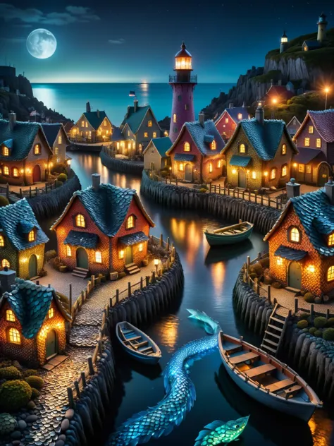 dvrscls , A whimsical scene of a dvrscls fairy village covered in scales at night, with tiny habor, fishing boats, a lighthouse,...