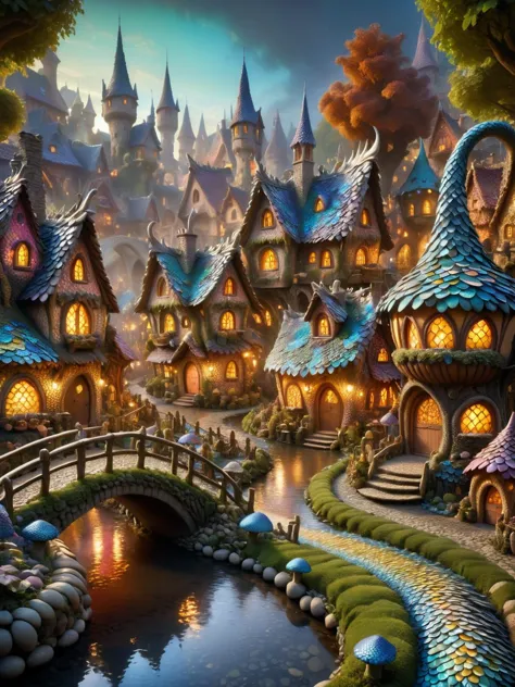 dvrscls , A whimsical scene of a dvrscls fairy village covered in scales, with a stream, a bakery, houses, bridges, and gardens ...