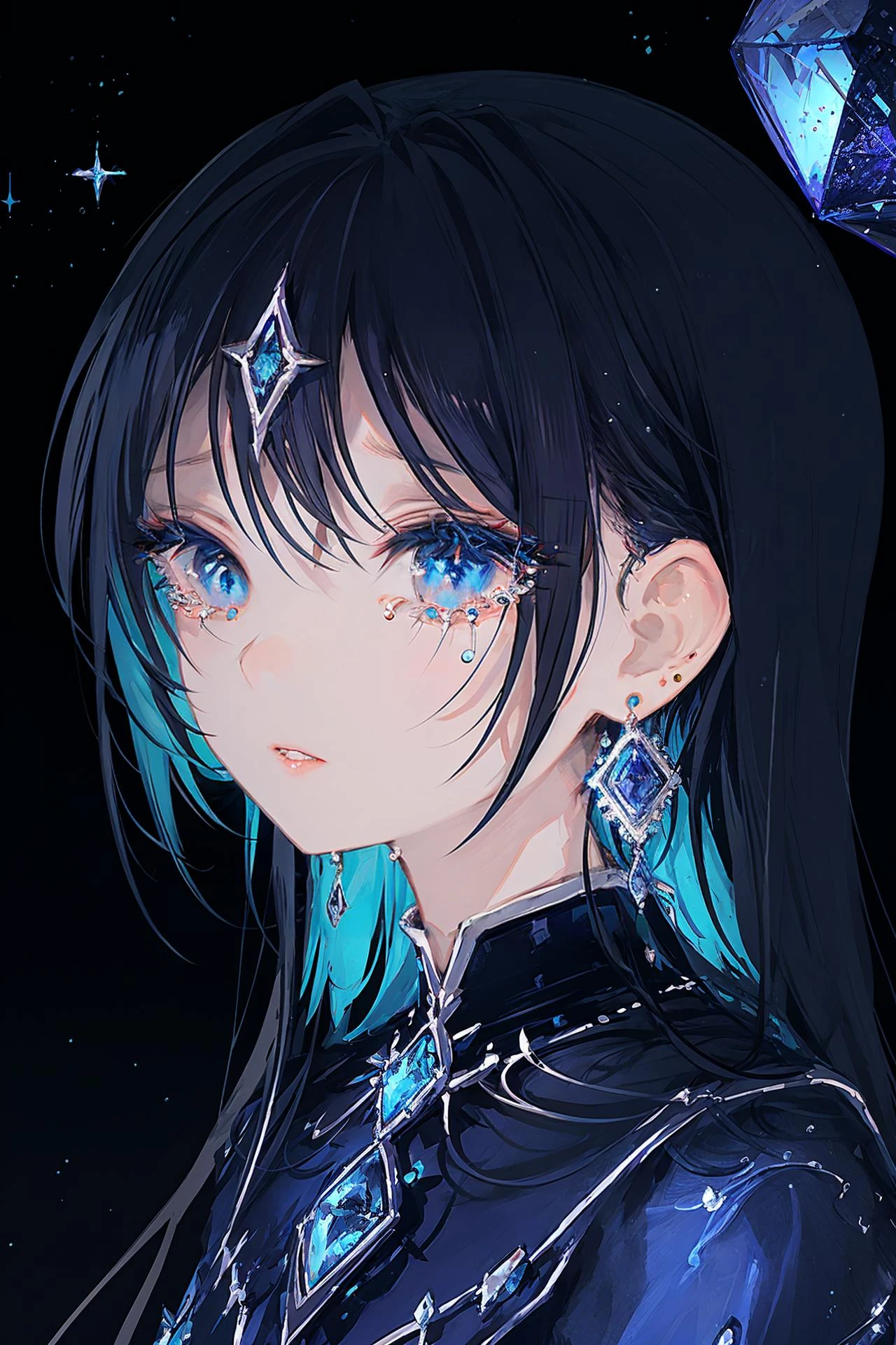 1girl, blue eyes, solo, jewelry, earrings, long hair, looking at viewer, bangs, blue hair, portrait, gem, crescent, parted lips, black background, blue theme, blue gemstone, lips, close-up, tears, black hair, star \(symbol\) ,
/////////// 