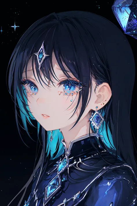 1girl, blue eyes, solo, jewelry, earrings, long hair, looking at viewer, bangs, blue hair, portrait, gem, crescent, parted lips,...
