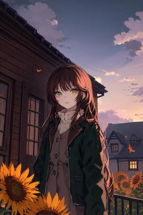 1girl, solo, long hair, green eyes, red nails, looking at viewer, parted lips, fingernails, long sleeves, nail polish, brown hair, jacket, bangs ,sunflower, scenery, flower, sky, outdoors, cloud, bird, sunset, plant, building, tree, cloudy sky, stairs, artist name, house, evening 
/////////// <lora:IR-000220:1>