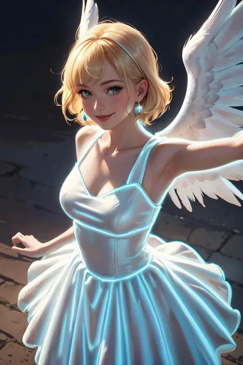<lora:nlc_blue:1.2> sleeveless  white princess dress, cowboy shot, night,  blonde hair, from above, spread arms, angel wings,
(b...