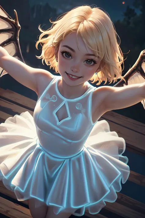<lora:nlc_blue:1.2> sleeveless  white princess dress, cowboy shot, night, jump, blonde hair, from above, spread arms, wings,
(be...