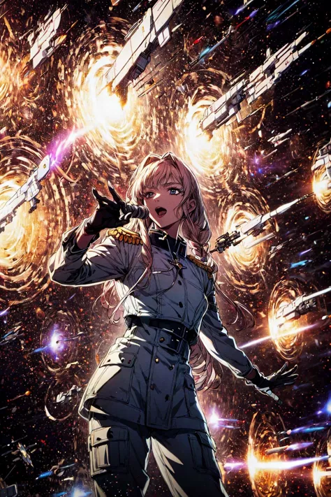 a woman in a space suit holding a gun in front of a galaxy