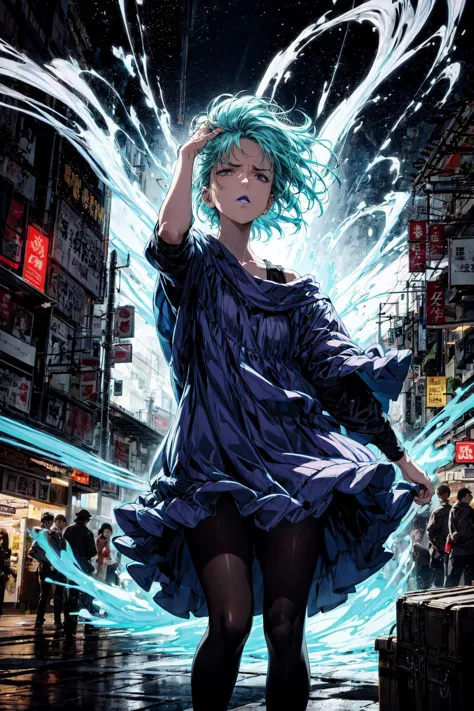 a woman with blue hair and a blue dress in a city