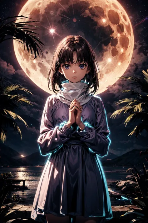 a girl in a dress standing in front of a full moon