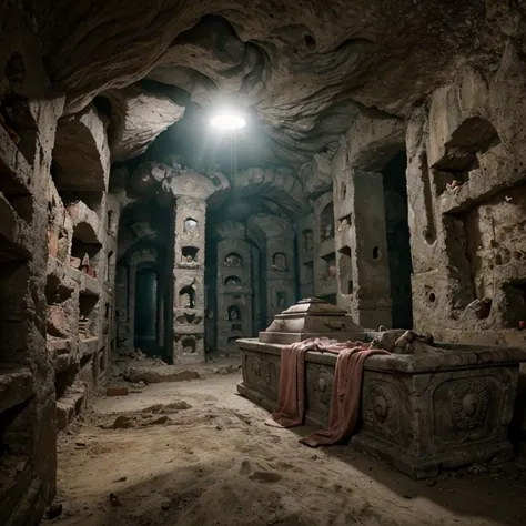 arafed room with a stone bench and a stone wall