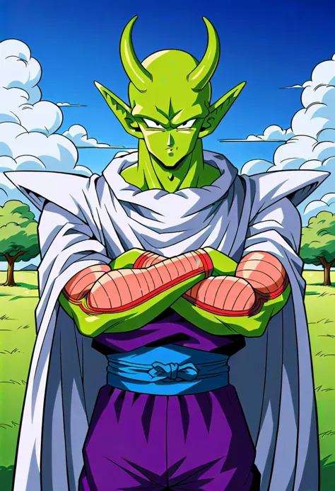 score_9, score_8_up, score_7_up, score_6_up, score_5_up, score_4_up,source_anime BREAK piccolo, 1boy, male focus, solo, green skin, pointy ears, black eyes, purple pants, crossed arms, standing, purple dougi,white cape,outdoors, grass, tree, pink patches, cloudy sky,night, blue sky, white turban,blue sash,looking at viewer , a muscular alien with red skin , solo, ancient chinese temple, piccolo, white cape, pointy ears,(purple dougi), (red skin:1.2), pants,pink patches,blue sash, cowboy shot, angry man, red pupil, angry, grin, arms down, detailed eyes,villain, high definition, serious expression, (horns, monster, creature, devil, the devil:2.0) poster, in the style of james jean, deathcore, [john pitre], detailed atmospheric portraits, horror art, dark and intricate, dark azure and red, witchcore,  <lora:Piccolo_Test:0.8>