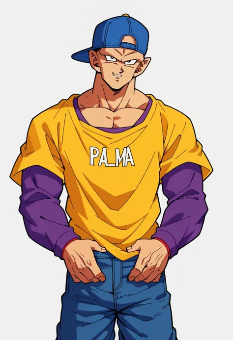 score_9, score_8_en haut, score_7_en haut, score_6_en haut, score_5_en haut, score_4_en haut,source_animé, Petit, 1garçon, accent masculin, seulement, t-shirt jaune, manches violettes, casquette de baseball bleue, casquette à l'envers, jean dragon ball, toriyama akira \(style\), années 1990 \(style\),