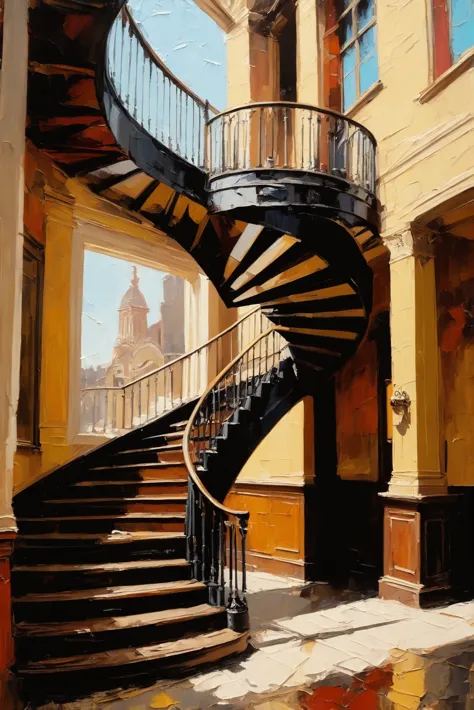 a painting of a spiral staircase in a building with a clock tower