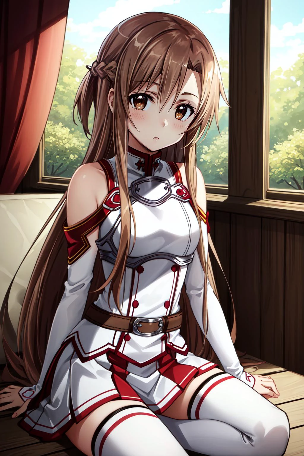 (masterpiece, best quality),  intricate details,
1girl,  yuuki asuna, kizukiai, brown hair, brown eyes, medium breasts, long hair, braid, kotbo, white gloves, white uniform, white boots, red skirt, red straps,