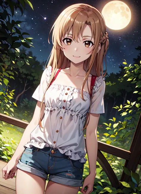 ((best quality)), ((highly detailed)), absurdres, detailed face, beautiful face, (detailed eyes, deep eyes), (1girl),cowboy shot, (((wide shot))), <lora:Yuuki Asuna-Kizuki:.9> yuuki asuna, kizukiai, brown hair, long hair, braid, brown eyes, medium breasts, smiling, white blouse, green sleeves, short sleeves, jean shorts, short shorts, shoes, (outside, at a jungle, jungle canopy, night, night sky, stars, lunar eclipse, telescope)