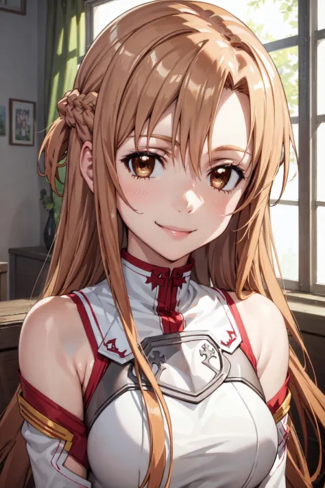 best quality, masterpiece, portrait, 1girl, yuuki asuna, brown hair, brown eyes, medium breasts, long hair, braid, kotbo, white gloves, white uniform, white boots, red skirt, red straps, looking at viewer, indoors, smile,
