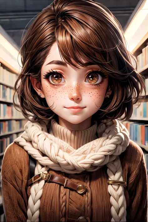 a girl with brown hair and a scarf standing in a library