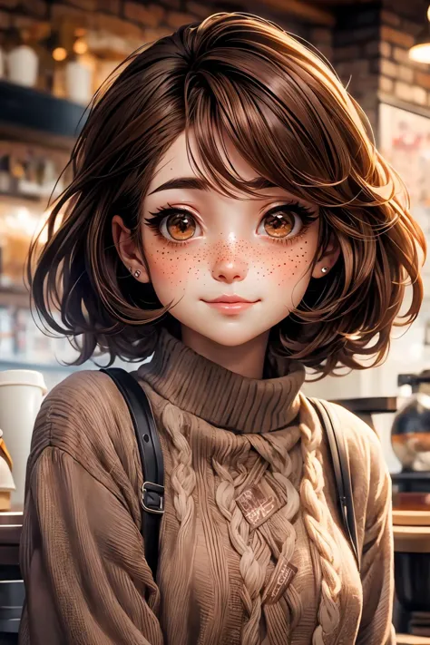 closeup, face, portrait, upper body, 
freckles, 
shy, blush, 
(short brown hair:1.1), 
(coffee shop:1.1), 
(brown eyes:1.4), 
co...
