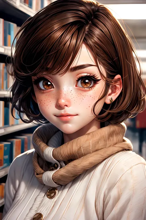 a woman with brown hair and a scarf standing in front of a bookshelf