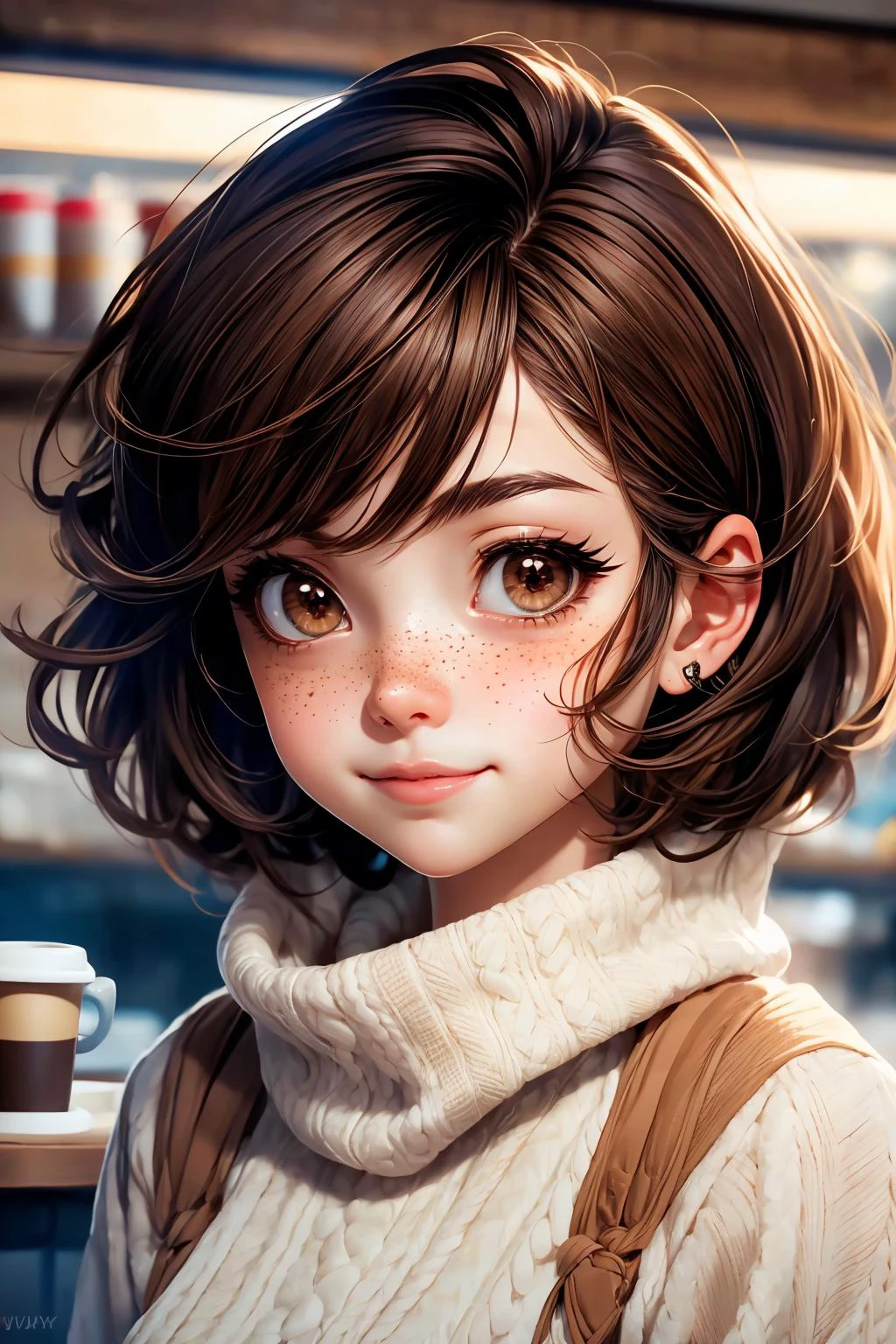 closeup, face, portrait, upper body, 
freckles, 
shy, blush, 
(short brown hair:1.1), 
(coffee shop:1.1), 
(brown eyes:1.4), 
cozy, detailed eyes, winter sweater, 
animevibes, 
3DMM 
midjourney, shiny, shiny hair, shiny skin, shiny clothes