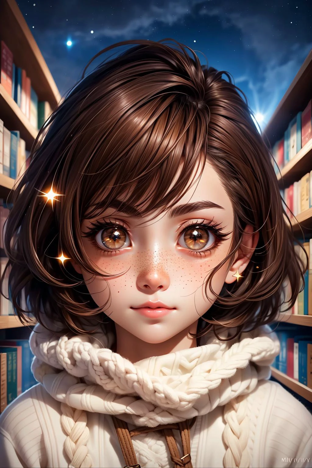 closeup, face, portrait, upper body, 
freckles, 
shy, blush, 
(short brown hair:1.1), 
(library:1.1), 
(brown eyes:1.4), 
cozy, detailed eyes, winter sweater, 
animevibes, 
3DMM 
midjourney 
cloud,colorful, starry,stars, shiny, shiny hair, shiny skin, shiny clothes