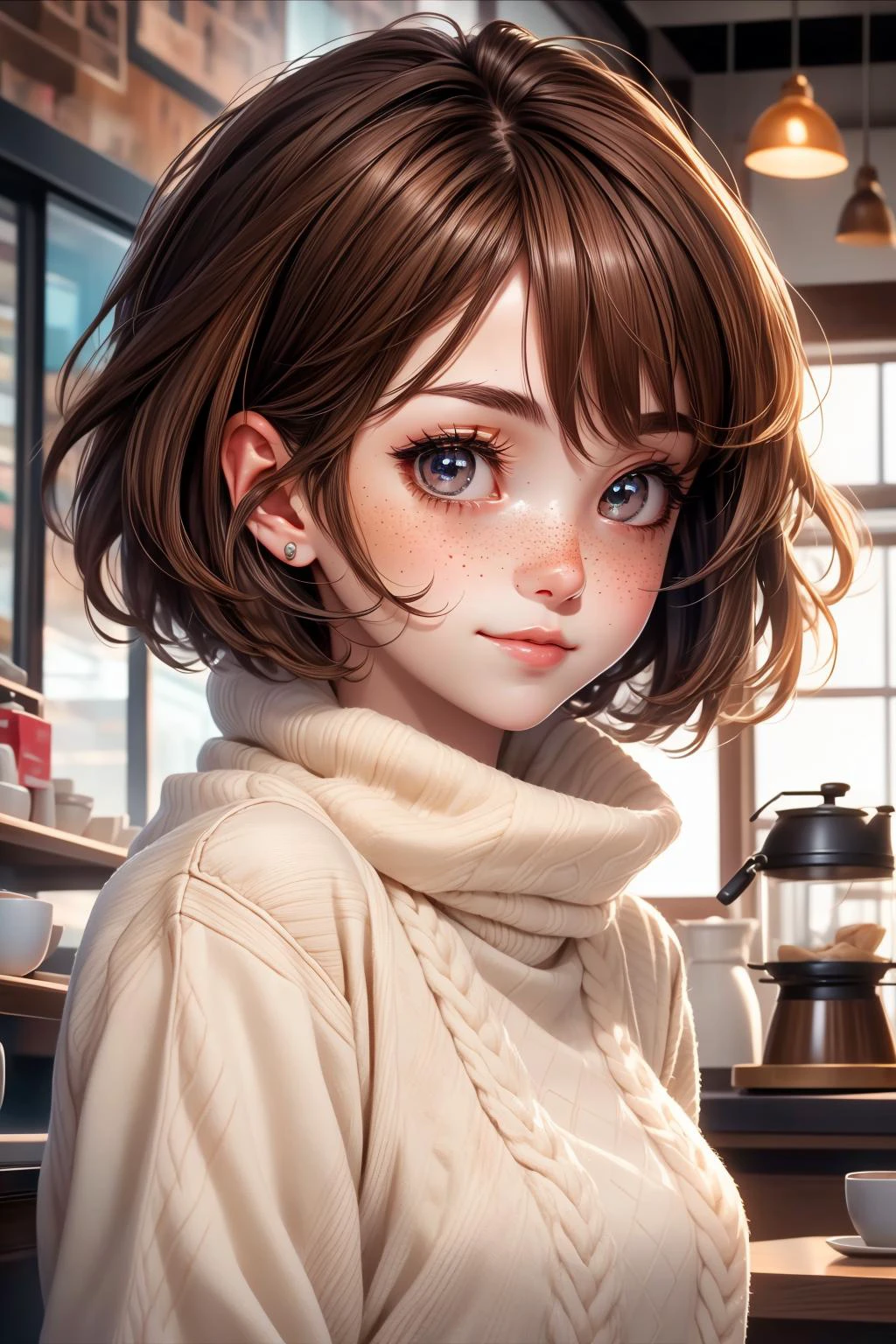 closeup, face, portrait, upper body, 
freckles, 
shy, blush, 
(short brown hair:1.1), 
(coffee shop:1.1), 
(brown eyes:1.2), 
cozy, detailed eyes, winter sweater, 
animevibes, 
3DMM 
midjourney, shiny, shiny hair, shiny skin, shiny clothes