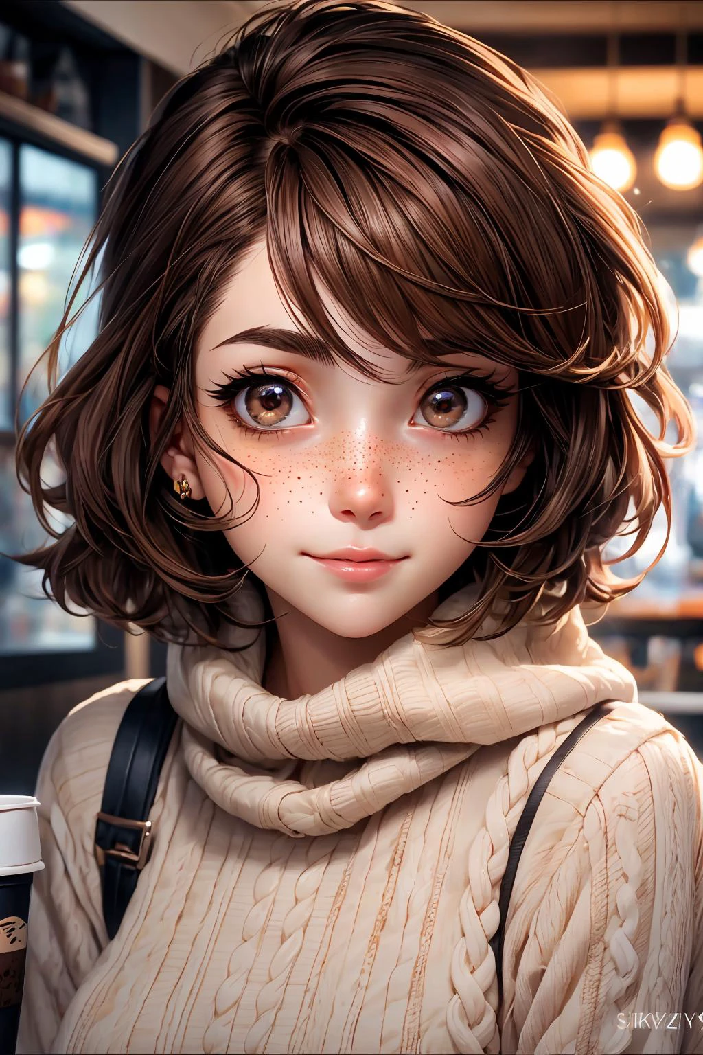 closeup, face, portrait, upper body, 
freckles, 
shy, blush, 
(short brown hair:1.1), 
(coffee shop:1.1), 
(brown eyes:1.4), 
cozy, detailed eyes, winter sweater, 
animevibes, 
3DMM 
midjourney, shiny, shiny hair, shiny skin, shiny clothes