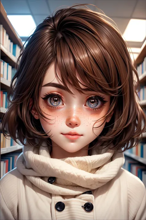 a girl with brown hair and a white coat in a library