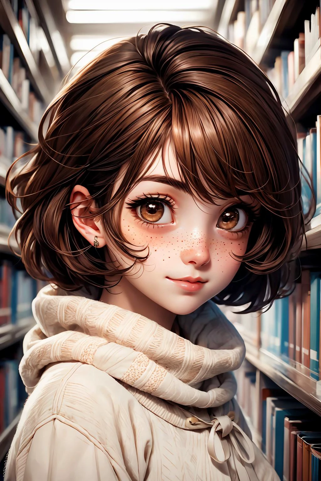 closeup, face, portrait, upper body, 
freckles, 
shy, blush, 
(short brown hair:1.1), 
(library:1.1), 
(brown eyes:1.4), 
cozy, detailed eyes, winter sweater, 
animevibes, 
3DMM 
midjourney, shiny, shiny hair, shiny skin, shiny clothes