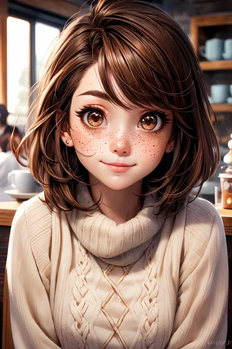 closeup, face, portrait, upper body, 
freckles, 
shy, blush, 
(short brown hair:1.1), 
(coffee shop:1.1), 
(brown eyes:1.4), 
cozy, detailed eyes, winter sweater, 
<lora:more_details:0.35>
 <lora:Cosmic anime-oil fusion v2:0.35> 
<lora:AnimeVibesV3:0.5> animevibes, 
<lora:3DMM_V11:0.6> 3DMM 
<lora:midjourney_20230624181825:0.4> midjourney, shiny, shiny hair, shiny skin, shiny clothes