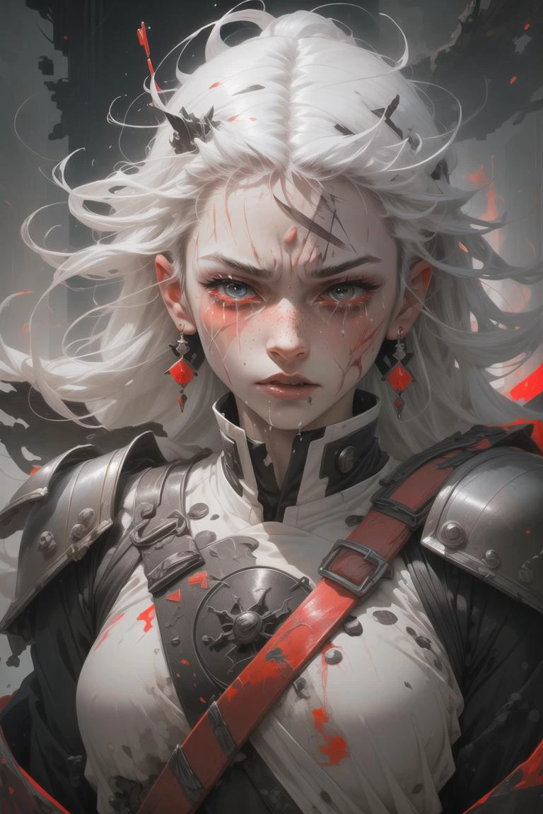 white hair, long hair, freckles, earrings, 
(upper body:1.1), (particles:1.2), (sparkles:1.1), flames, (tears:1.3), (crying:1.2), (wet face:1.1), 
(torn clothes:1.2), abstract, (red lighting:1.2), knight armor, armor, (bloody face:1.2), (blood:1.1), (scars:1.5), 
animevibes,
shiny, shiny hair, shiny skin, shiny clothes
