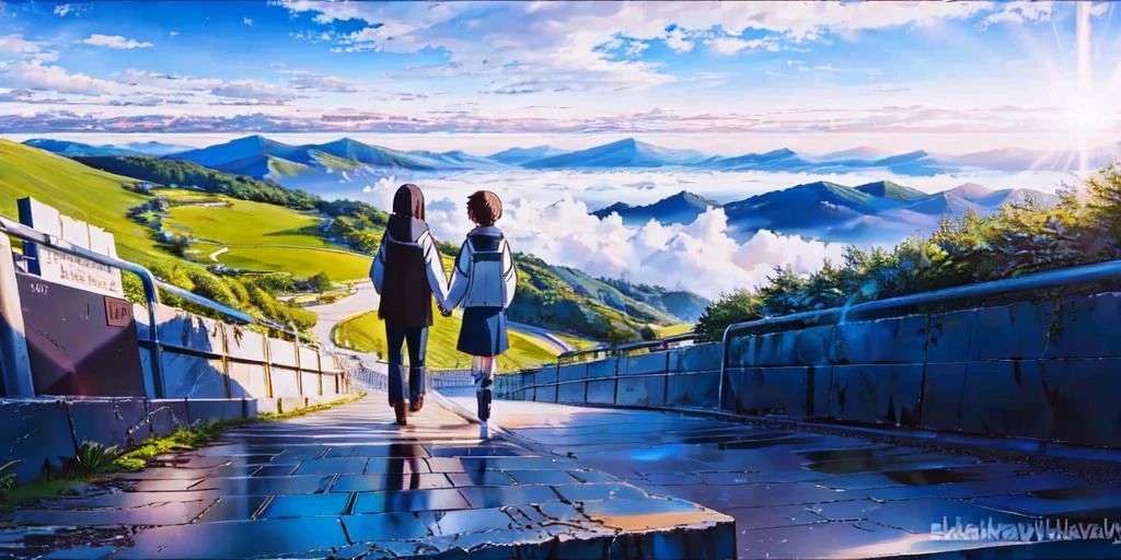 animevibes, 
scenery, sky, outdoors, a girl walking, cloud, day