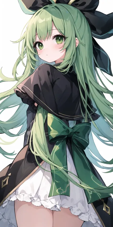 a close up of a person with long green hair and a hat