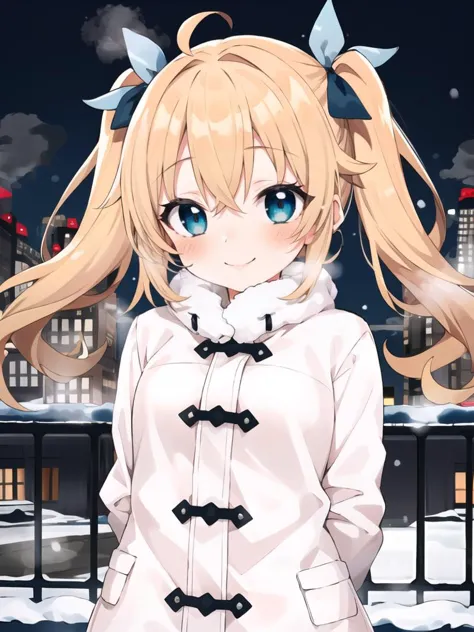 anime girl with long blonde hair and blue eyes standing in front of a city