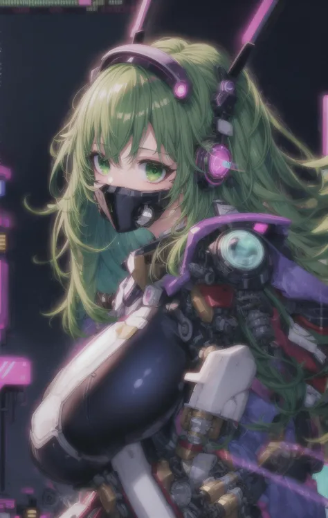 anime girl with green hair and a mask on holding a gun