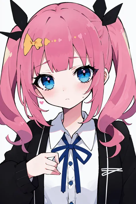 anime girl with pink hair and blue eyes wearing a black jacket