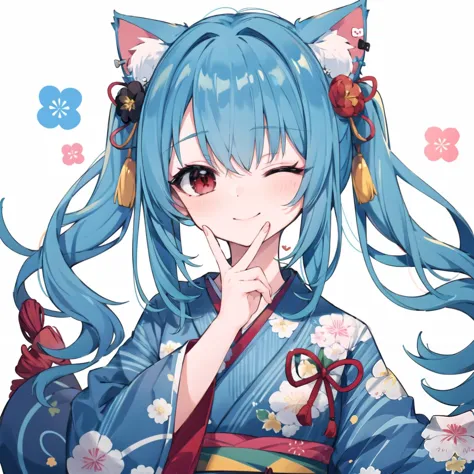 anime girl with blue hair and blue eyes wearing a kimono