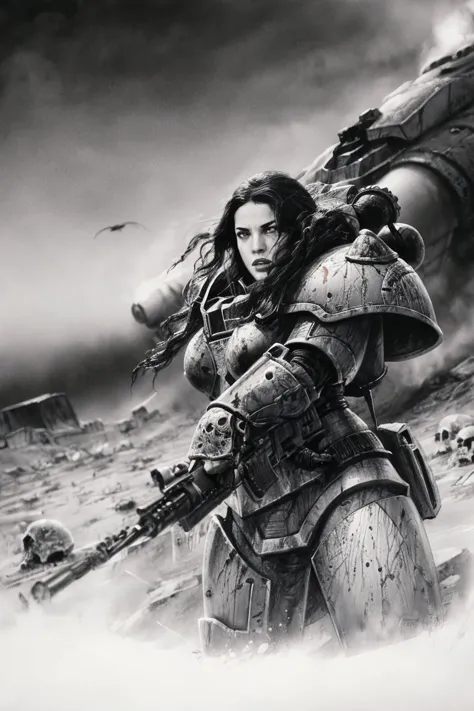 a woman in armor holding a gun in front of a spaceship